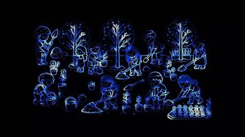 Glowing looping World soil day Community planting event. neon frame effect, black background. video