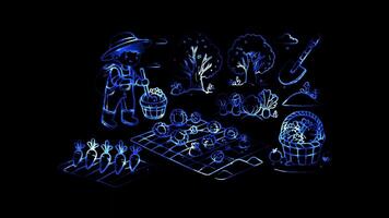 Glowing looping World soil day Harvesting crops from fertile soil. neon frame effect, black background. video