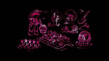 Glowing looping World soil day Harvesting crops from fertile soil. neon frame effect, black background. video