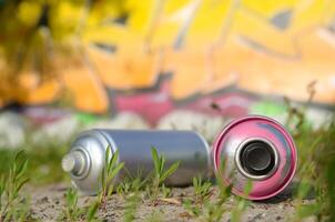 Several used spray cans with paint and caps for spraying paint under pressure on grass near the painted wall in colored graffiti photo