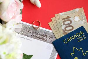 Canadian Certificate of marriage document and wedding ring with canadian dollars and passport photo