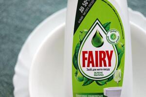 KYIV, UKRAINE - OCTOBER 31, 2023 Bottle of Fairy washing up Liquid produced by Procter and Gamble and sold in most parts of Europe photo