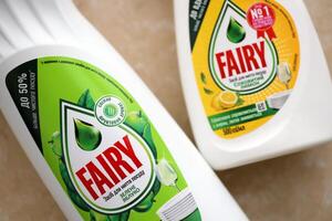 KYIV, UKRAINE - OCTOBER 31, 2023 Bottle of Fairy washing up Liquid produced by Procter and Gamble and sold in most parts of Europe photo
