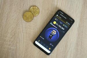 KYIV, UKRAINE - APRIL 20, 2024 Hamster Kombat telegram bot on smartphone screen. Hamster Kombat is a viral Telegram crypto game for earn HMSTR tokens by managing virtual crypto exchange photo