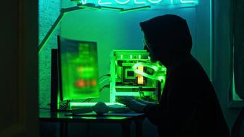 Young programmer sits at their desk at night, writing code in the neon lighting. Medium shot. Slow motion. video