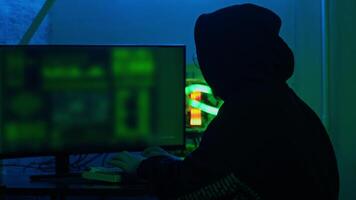 Hacker is sitting in a dark room at a computer, doing something illegal on the dark web. Medium shot. Slow motion. video