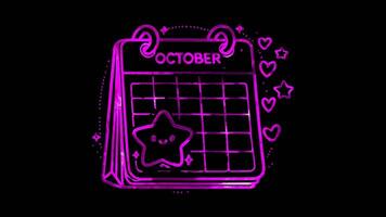 Glowing looping world teacher day calendar page flipped to October . neon frame effect, black background. video