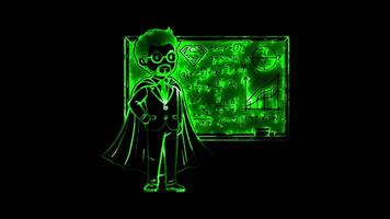Glowing looping world teacher day teacher standing front blackboard with equations and drawings. neon frame effect, black background. video
