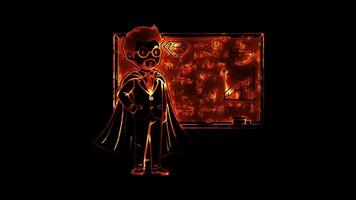 Glowing looping world teacher day teacher standing front blackboard with equations and drawings. neon frame effect, black background. video