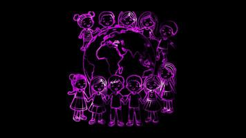 Glowing looping world teacher day world map with children of different ethnicities holding hands around it. neon frame effect, black background. video