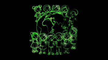 Glowing looping world teacher day world map with children of different ethnicities holding hands around it. neon frame effect, black background. video