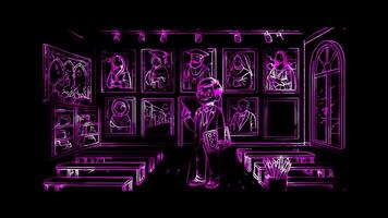 Glowing looping world teacher day art gallery with paintings of teachers in different cultural settings. neon frame effect, black background. video