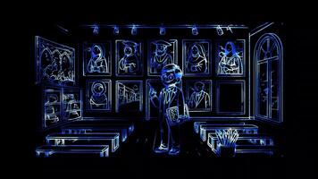Glowing looping world teacher day art gallery with paintings of teachers in different cultural settings. neon frame effect, black background. video