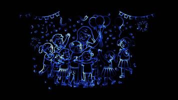 Glowing looping world teacher day group hug of children and a teacher with balloons and confetti. neon frame effect, black background. video