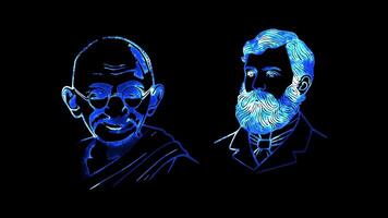 Glowing looping world vegetarian day portraits of Gandhi and Tolstoy. neon frame effect, black background. video