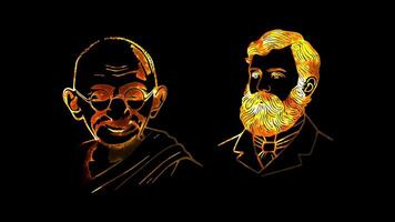 Glowing looping world vegetarian day portraits of Gandhi and Tolstoy. neon frame effect, black background. video