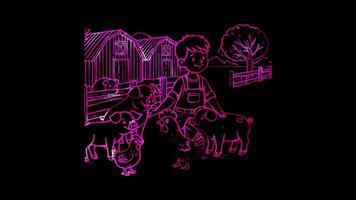 Glowing looping world vegetarian day pigs and chickens with a caregiver. neon frame effect, black background. video