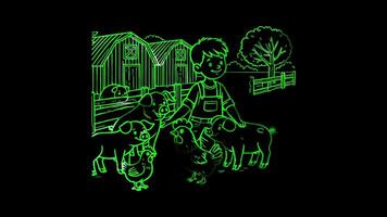 Glowing looping world vegetarian day pigs and chickens with a caregiver. neon frame effect, black background. video