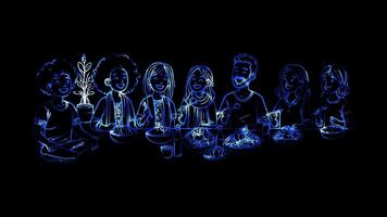 Glowing looping world vegetarian day happy diverse group of people enjoying vegetarian meals together. neon frame effect, black background. video