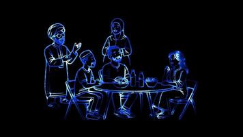 Glowing looping world vegetarian day people of different cultures discussing food choices. neon frame effect, black background. video