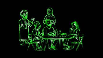 Glowing looping world vegetarian day people of different cultures discussing food choices. neon frame effect, black background. video