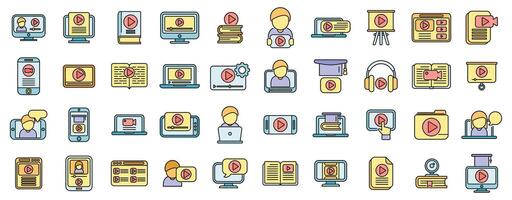 Video tutorial icons set vector color line