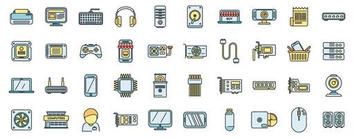 Computer store icons set vector color line