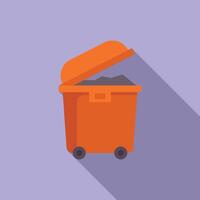 Open orange garbage container standing on wheels and full of trash vector