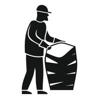 Construction worker pushing heavy load icon, simple black style vector