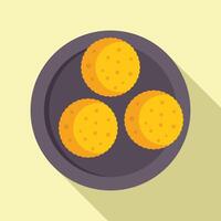 Three round crackers are sitting on a dark round plate vector
