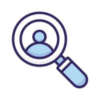 Person with magnifier showing concept of recruitment, employee search icon vector