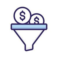 A funnel icon with dollar coins symbolizing the conversion of inputs into revenue vector