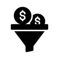 A funnel icon with dollar coins symbolizing the conversion of inputs into revenue vector