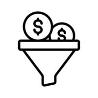 A funnel icon with dollar coins symbolizing the conversion of inputs into revenue vector