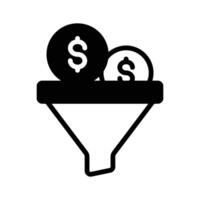 A funnel icon with dollar coins symbolizing the conversion of inputs into revenue vector