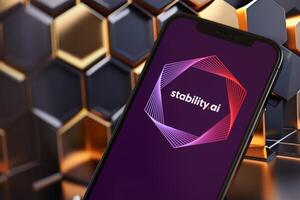 KYIV, UKRAINE - MARCH 17, 2024 StabilityAI logo on iPhone display screen with background of artificial intelligence futuristic image photo