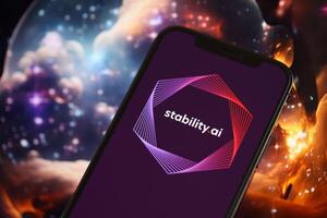 KYIV, UKRAINE - MARCH 17, 2024 StabilityAI logo on iPhone display screen with background of artificial intelligence futuristic image photo