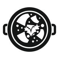 Round pot with handles containing boiling soup with pieces of meat and herbs, top view vector
