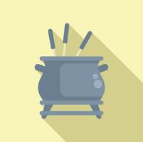 Grey fondue pot standing on a stove with long forks for dipping food vector