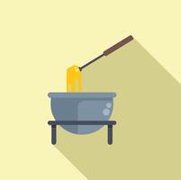 Fork dipping cheese fondue in pot on stand with long shadow vector