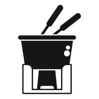 Chocolate fondue pot warming on a burner with two forks for dipping vector