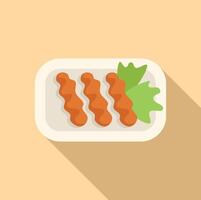 Three sausages with lettuce on a white rectangular plate with long shadow vector