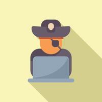 Hacker wearing eyepatch and pirate hat working on laptop computer vector