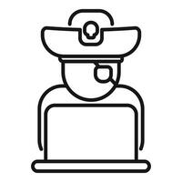 Hacker wearing pirate hat and eye patch working on laptop for cyber crime vector