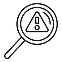 Magnifying glass showing warning sign, searching for problem solution vector