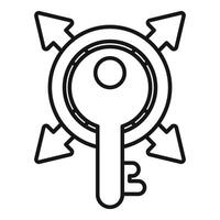 Key surrounded by arrows representing access and multidirectional solutions vector
