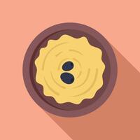 Bowl of hummus decorated with olives on a table vector