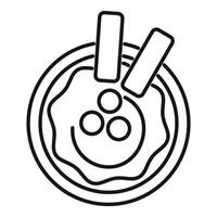 Round plate with soup, croutons and herbs, top view, line art icon vector