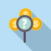 Magnifying glass examining question mark surrounded by dollar coins vector