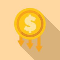 Dollar coin decreasing in value with three downward arrows vector